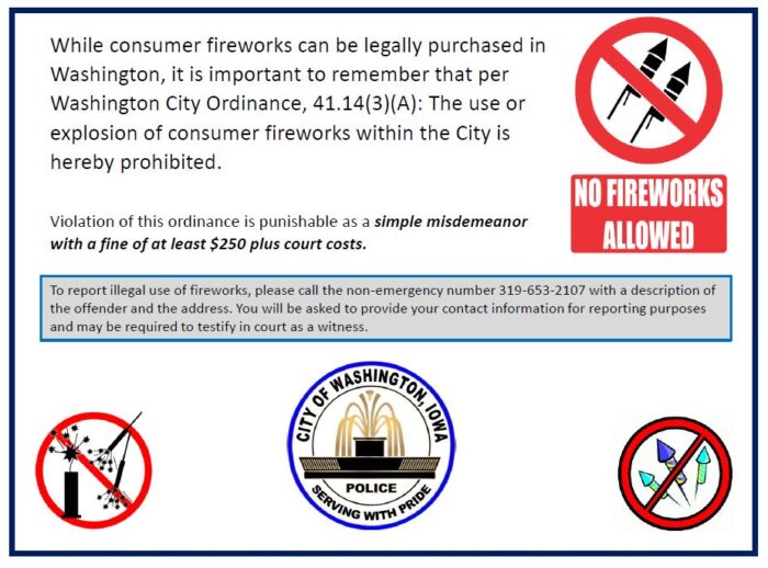 Fireworks Ordinance 1109 for City of Washington, Iowa City of